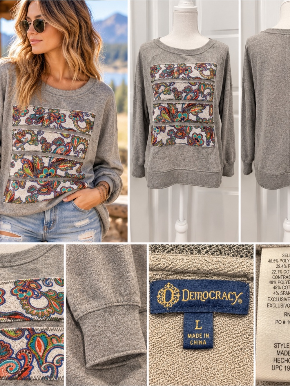 Democracy Paisley Appliqué Sweatshirt Top Large Gray - Picture 2 of 9